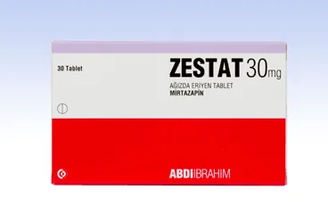 Mirtazapin içeren tablet: ZESTAT 30 MG AGIZDA DAGILAN 30 TABLET ürün ambalajı. Üretici: ABDİ İBRAHİM İLAÇ SANAYİ VE TİCARET A.Ş.