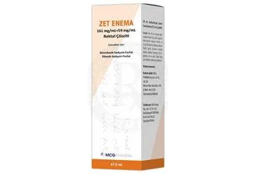 ZET ENEMA 161 MG/ML + 59 MG/ML REKTAL COZELTI (67,5 ML) ürün ambalajı, çözelti formunda sodyum fosfat -lavman içerir. Üretici: MCG PHARMA İLAÇ SANAYİ VE TİCARET LİMİTED ŞİRKETİ.