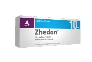 Donepezil içeren film kaplı tablet: ZHEDON 10 MG FILM KAPLI TABLET (28 FILM KAPLI TABLET) ambalajı. Üretici: SANTA FARMA İLAÇ SAN. A.Ş.