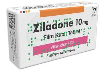 ZILADONE 10 MG FILM KAPLI TABLET (30 TABLET) ambalajı. Vilazodon içeren film kaplı tablet. Üretici: NOBEL İLAÇ SAN. VE TİC. A.Ş.