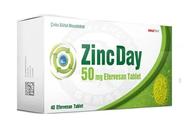 ZINCDAY 50 MG 20 EFERVESAN TABLET ürün ambalajı. Çinko sülfat içeren efervesan tablet. Üretici: NEUTEC İLAÇ SAN. TİC. A.Ş.