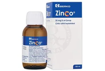 ZINCO 25 MG/5 ML SURUP (100 ML) ambalajı. Çinko sülfat içeren şurup. Üretici: BERKO İLAÇ VE KİMYA SAN. A.Ş.