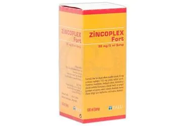 Çinko sülfat içeren şurup: ZINCOPLEX FORT 30 MG/5 ML SURUP (100 ML) ambalajı. Üretici: GM-BAY SAĞLIK ÜRÜNLERİ İTHALAT İHRACAT VE TİCARET LİMİTED ŞİRKETİ.