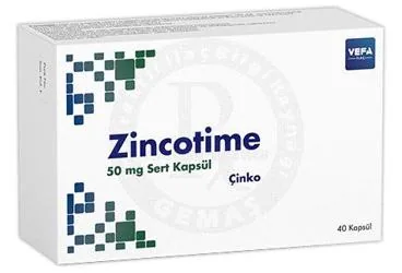 ZINCOTIME 50 MG SERT KAPSUL (40 KAPSUL) (çinko sülfat) ambalajı, kapsül. Üretici: VEFA İLAÇ SANAYİ VE TİCARET ANONİM ŞİRKETİ.