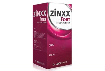 Çinko sülfat içeren şurup: ZINXX FORT 30 MG/5 ML SURUP kutusu. Üretici: ABDİ İBRAHİM İLAÇ SANAYİ VE TİCARET A.Ş.