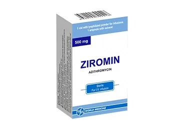 Azitromisin içeren film kaplı tablet: ZIROMIN 500 MG FILM KAPLI TABLET (3 TABLET) ürün ambalajı. Üretici: WORLD MEDICINE İLAÇ SAN. VE TİC. A.Ş.
