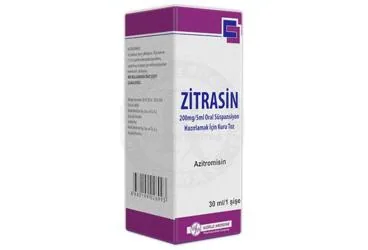 Azitromisin içeren oral süspansiyon: ZITRASIN 200 MG/5 ML ORAL SUSPANSIYON HAZIRLAMAK ICIN TOZ (30 ML) ürün ambalajı. Üretici: WORLD MEDICINE İLAÇ SAN. VE TİC. A.Ş.
