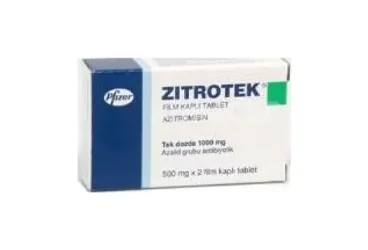 Azitromisin içeren film kaplı tablet: ZITROTEK 500 MG 2 FILM KAPLI TABLET ambalajı. Üretici: PFİZER PFE İLAÇLARI ANONİM ŞİRKETİ.