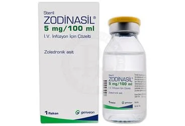 ZODINASIL 5MG/100 ML IV INFUZYON ICIN COZELTI (zoledronik asit monohidrat) ürün ambalajı, çözelti. Üretici: GENVEON İLAÇ SANAYİ VE TİCARET ANONİM ŞİRKETİ.