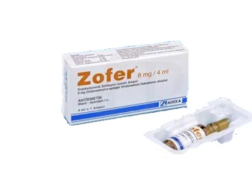 ZOFER 8 MG/ 4 ML ENJEKSIYONLUK COZELTI (1 AMPUL) ambalajı. Ondansetron hcl içeren çözelti. Üretici: ADEKA İLAÇ SANAYİ VE TİCARET A.Ş.