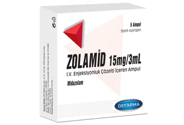ZOLAMID 15 MG/3 ML IV/IM/REKTAL KULLANIM ICIN COZLETI ICEREN AMPUL kutusu. Midazolam içeren ampul. Üretici: VEM İLAÇ SAN. VE TİC. ANONİM ŞİRKETİ.