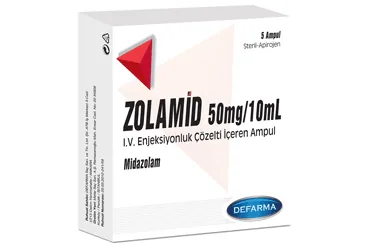 ZOLAMID 50 MG/10 ML IV/IM/REKTAL KULLANIM ICIN COZLETI ICEREN AMPUL ürün ambalajı. Midazolam içeren ampul. Üretici: VEM İLAÇ SAN. VE TİC. ANONİM ŞİRKETİ.