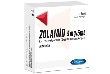 ZOLAMID 5MG/ML IV/IM/REKTAL KULLANIM ICIN COZLETI ICEREN AMPUL ambalajı, ampul formunda midazolam içerir. Üretici: VEM İLAÇ SAN. VE TİC. ANONİM ŞİRKETİ.