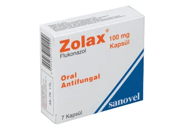 Flukonazol içeren kapsül: ZOLAX 100 MG 7 KAPSUL ambalajı. Üretici: SANOVEL İLAÇ SANAYİ VE TİCARET ANONİM ŞİRKETİ.
