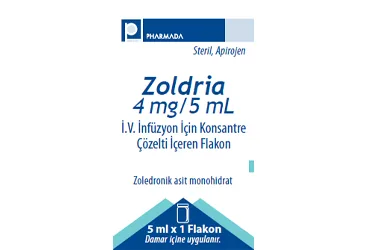 ZOLDRIA 4 MG/5 ML IV INFUZYON ICIN KONSANTRE COZELTI ICEREN 1 FLAKON (zoledronik asit monohidrat) kutu fotoğrafı, çözelti. Üretici: PHARMADA İLAÇ SANAYİ VE TİCARET A.Ş.