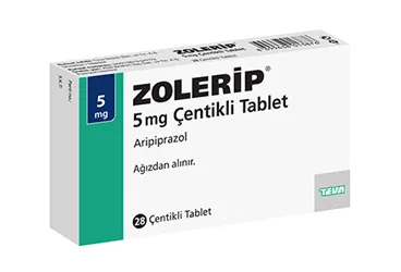 ZOLERIP 5 MG 28 TABLET ürün ambalajı, tablet formunda aripiprazol içerir. Üretici: TEVA İLAÇLARI SANAYİ VE TİCARET A.Ş.