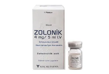 Zoledronik asit monohidrat içeren çözelti: ZOLONIK 4 MG/5 ML I.V. INFUZYONLUK COZELTI HAZIRLAMAK ICIN KONSANTRE (1 FLAKON) kutusu. Üretici: KOÇAK FARMA İLAÇ VE KİMYA SANAYİ A.Ş.