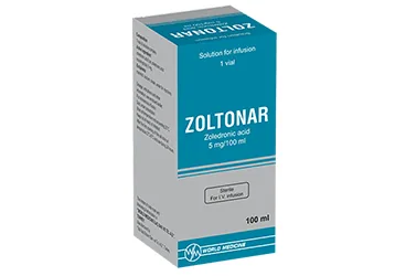 Zoledronik asit monohidrat içeren çözelti: ZOLTONAR 5 MG/100 ML IV INFUZYON ICIN COZELTI ICEREN 1 FLAKON kutusu. Üretici: WORLD MEDICINE İLAÇ SAN. VE TİC. A.Ş.
