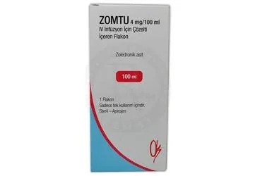 ZOMTU 4 MG/100 ML IV INFUZYON ICIN COZELTI ICEREN FLAKON kutu fotoğrafı. Zoledronik asit monohidrat içeren çözelti. Üretici: ONKO İLAÇ SANAYİ VE TİCARET ANONİM ŞİRKETİ.