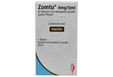 ZOMTU 4 MG/5 ML IV INFUZYON ICIN KONSANTRE COZELTI ICEREN FLAKON ürün ambalajı, çözelti formunda zoledronik asit monohidrat içerir. Üretici: ONKO İLAÇ SANAYİ VE TİCARET ANONİM ŞİRKETİ.