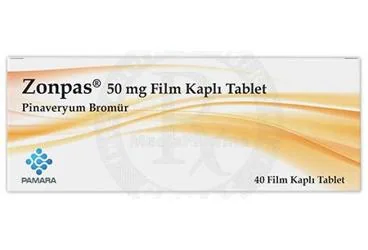 Pinaveryum bromür içeren film kaplı tablet: ZONPAS 50 MG FILM KAPLI TABLET (40 TABLET) ürün ambalajı. Üretici: PAMARA İLAÇ VE TIBBI ÜRÜNLER ARAŞTIRMA GELİŞTİRME EĞİTİM DANIŞMANLIK İTHALAT İHRACAT SANAYİ VE TİCARET ANONİM ŞİRKETİ.
