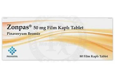 ZONPAS 50 MG FILM KAPLI TABLET (80 TABLET) ambalajı. Pinaveryum bromür içeren film kaplı tablet. Üretici: PAMARA İLAÇ VE TIBBI ÜRÜNLER ARAŞTIRMA GELİŞTİRME EĞİTİM DANIŞMANLIK İTHALAT İHRACAT SANAYİ VE TİCARET ANONİM ŞİRKETİ.