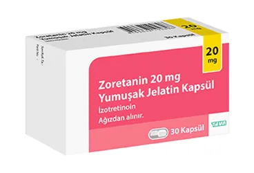 ZORETANIN 20 MG 30 KAPSUL kutusu. Isotretinoin içeren kapsül. Üretici: DROGSAN İLAÇLARI SAN. VE TİC. A.Ş.