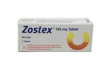 ZOSTEX 125 MG 7 TABLET kutusu. Brivudine içeren tablet. Üretici: MENARİNİ İLAÇ SANAYİ VE TİCARET A.Ş.