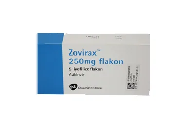 ZOVIRAX 250 MG 5 FLAKON ambalajı, flakon formunda asiklovir içerir. Üretici: GLAXOSMİTHKLİNE İLAÇLARI SAN. VE TİC. A.Ş.