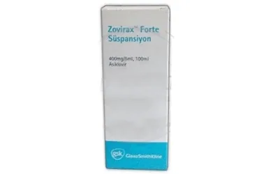 ZOVIRAX FORTE 400 MG 100 ML SUSPANSIYON ürün ambalajı, süspansiyon formunda asiklovir içerir. Üretici: GLAXOSMİTHKLİNE İLAÇLARI SAN. VE TİC. A.Ş.