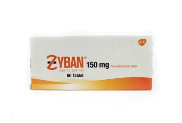 ZYBAN 150 MG YAVAS SALIMLI FILM KAPLI TABLET (60 TABLET) kutusu. Bupropiyon hcl içeren film kaplı tablet. Üretici: GLAXOSMİTHKLİNE İLAÇLARI SAN. VE TİC. A.Ş.