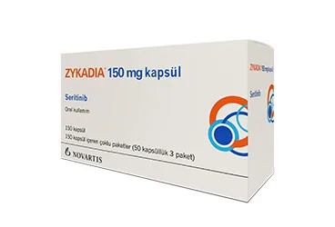 Seritinib içeren kapsül: ZYKADIA 150 MG 150 KAPSUL ürün ambalajı. Üretici: NOVARTİS SAĞLIK GIDA VE TARIM ÜRÜNLERİ SANAYİ VE TİCARET ANONİM ŞİRKETİ.