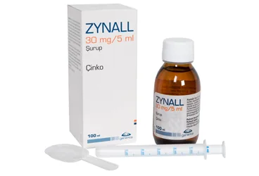ZYNALL 30 MG/ 5 ML SURUP (100 ML) kutu fotoğrafı, şurup formunda çinko sülfat içerir. Üretici: GENVEON İLAÇ SANAYİ VE TİCARET ANONİM ŞİRKETİ.