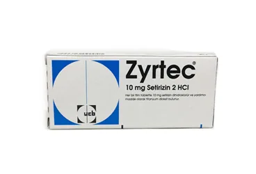 Setirizin içeren film kaplı tablet: ZYRTEC 10 MG 20 FİLM TABLET kutusu. Üretici: UCB PHARMA A.Ş.