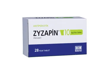 ZYZAPIN 10 MG 28 FILM KAPLI TABLET (olanzapin) ürün ambalajı, film kaplı tablet. Üretici: BİOFARMA İLAÇ SANAYİ VE TİCARET A.Ş.