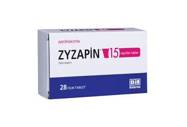 Olanzapin içeren film kaplı tablet: ZYZAPIN 15 MG 28 FILM KAPLI TABLET kutu fotoğrafı. Üretici: BİOFARMA İLAÇ SANAYİ VE TİCARET A.Ş.