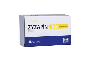 ZYZAPIN 20 MG 28 FILM KAPLI TABLET ürün ambalajı. Olanzapin içeren film kaplı tablet. Üretici: BİOFARMA İLAÇ SANAYİ VE TİCARET A.Ş.
