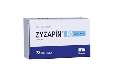 ZYZAPIN 5 MG 28 FILM KAPLI TABLET (olanzapin) ambalajı, film kaplı tablet. Üretici: BİOFARMA İLAÇ SANAYİ VE TİCARET A.Ş.